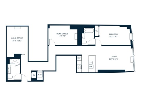 Floor plan for 1 bed, 2 baths, 1305 sqft